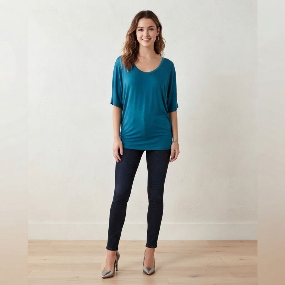 bebe “Miranda” Teal Blue Draped Dolman Scoop Neck Tunic Top - Size M